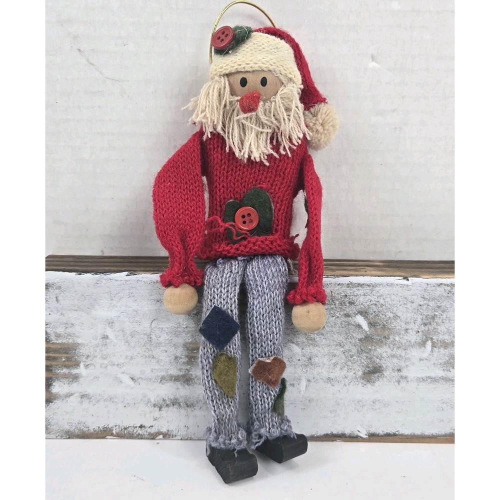 Vintage Handmade Folk Art Wood & Wool Santa Claus Ornament Shelf Sitter 8"